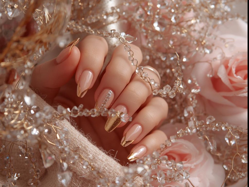 Classic gold French tip nail design with glossy gold tips on a Pinterest board.