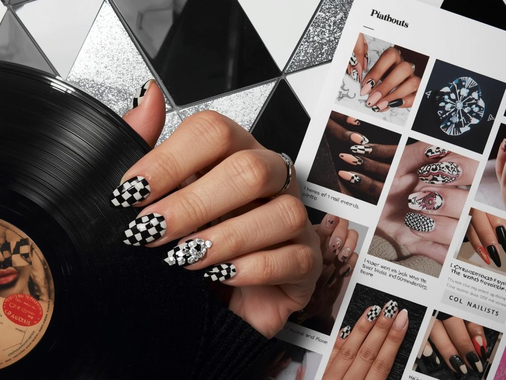 Glossy black and white checkerboard nail design with silver accents on a Pinterest board.