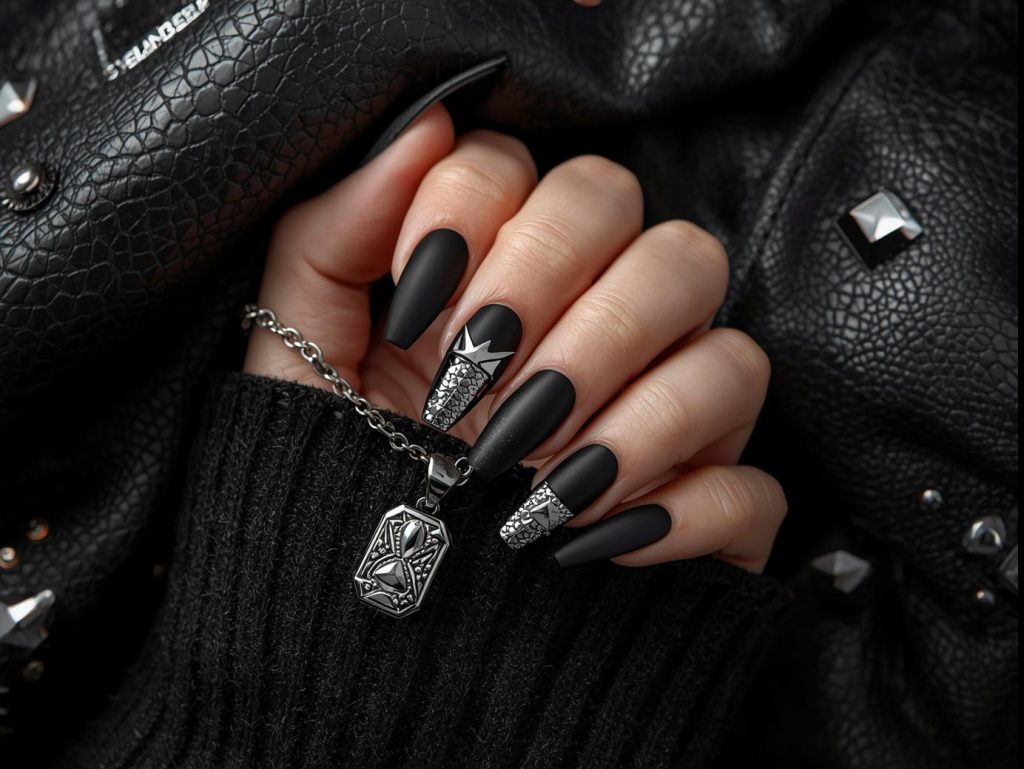 Sleek matte black silver foil geometric nail design with matte black base on a Pinterest board.