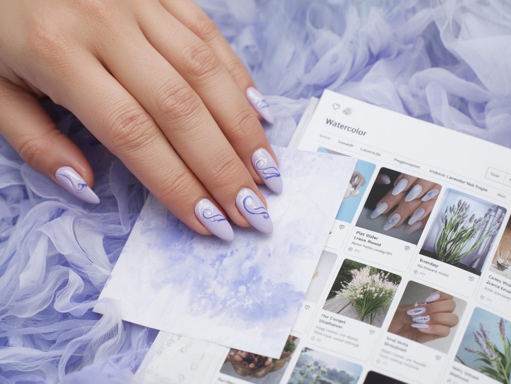Watercolor Nail Designs: Dreamy and Pinterest-Worthy Manicures to Adore 3 Soft lavender pastel blue watercolor nail design with lavender base on a Pinterest board.