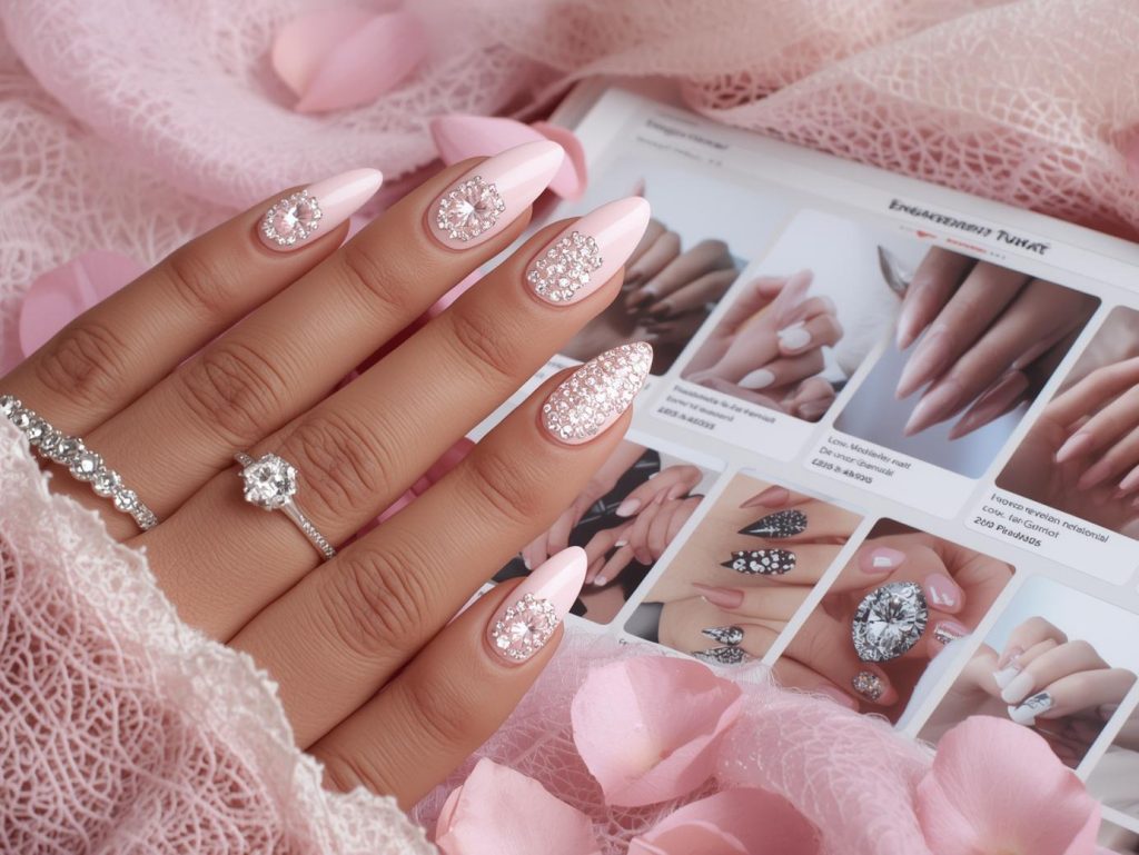 Soft blush pink diamond-like crystal nail design with blush pink base on a Pinterest board.