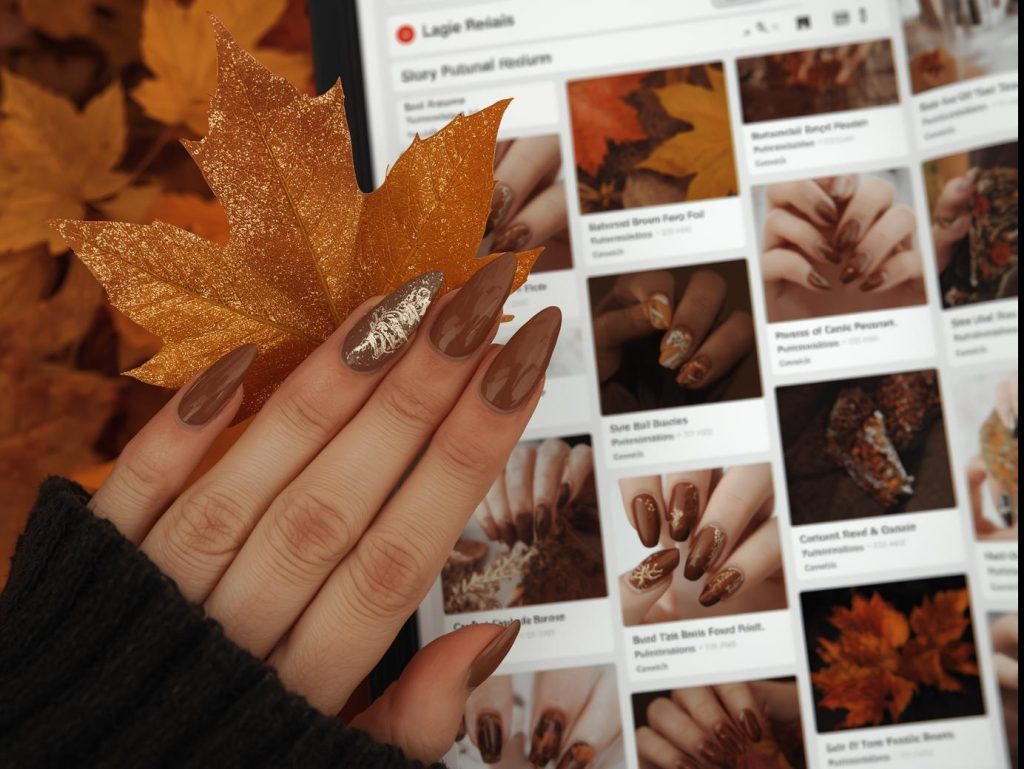 Brown Nail Designs: Warm and Pinterest-Worthy Manicures to Adore 3 Rich chocolate brown gold foil leaf nail design with chocolate brown base on a Pinterest board.