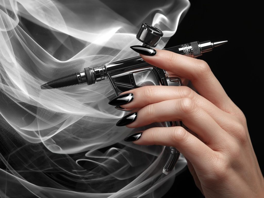 Glossy black white airbrush nail design with black base on a Pinterest board.
