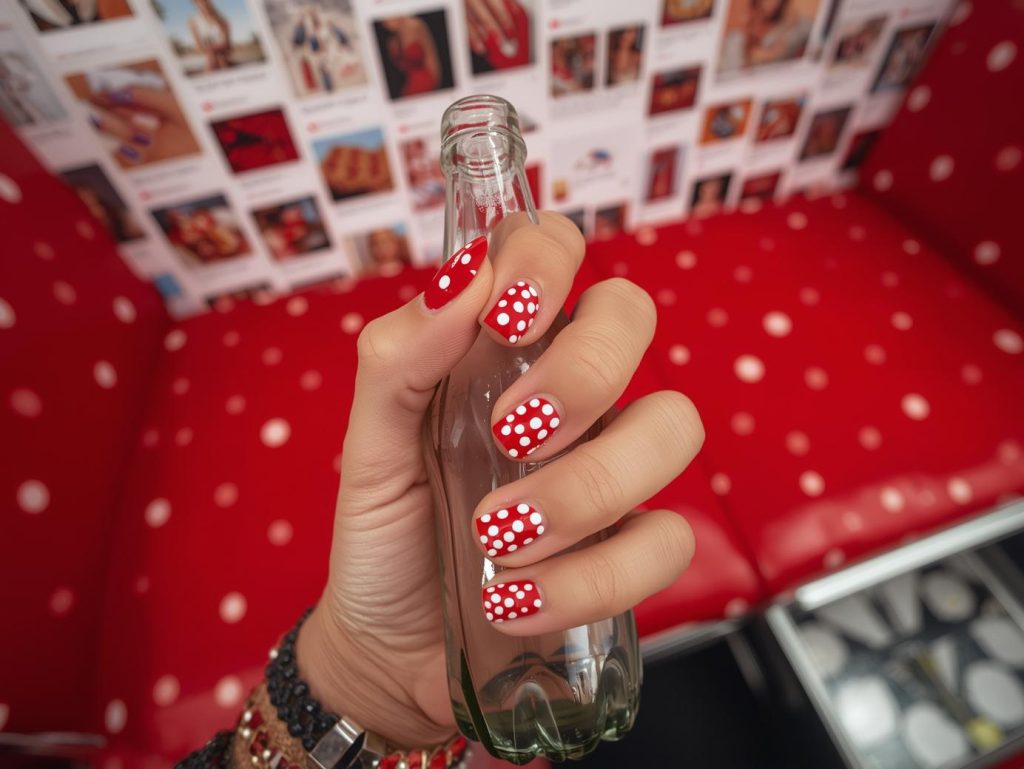 Bold red white polka dot nail design with red base on a Pinterest board.