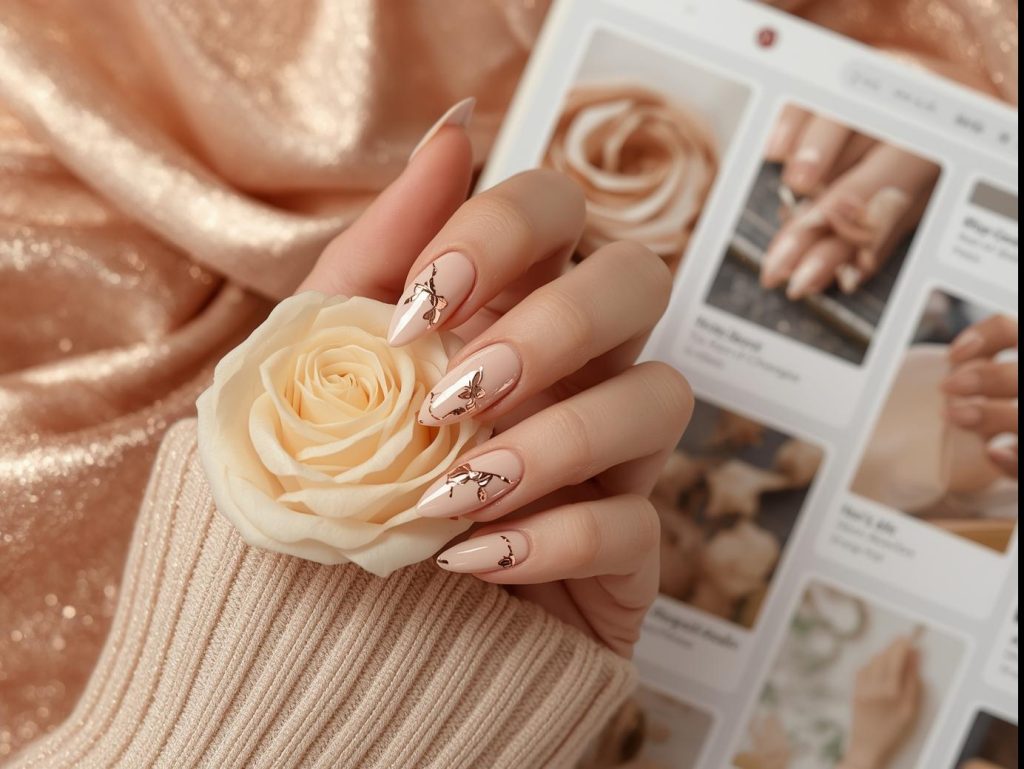 Beige Nail Designs: Elegant and Pinterest-Worthy Manicures to Adore 3 Soft beige rose gold foil leaf nail design with beige base on a Pinterest board.