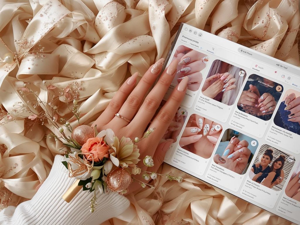 Shimmering beige rose gold glitter nail design with beige base on a Pinterest board.