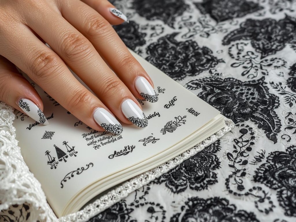 Glossy white black lace decal nail design with white base on a Pinterest board.