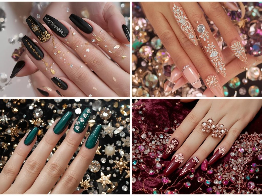 Top luxury nail designs featuring gold foil baroque accents, diamond-like crystals, silver filigree patterns, and rose gold caviar beads for Pinterest inspiration.