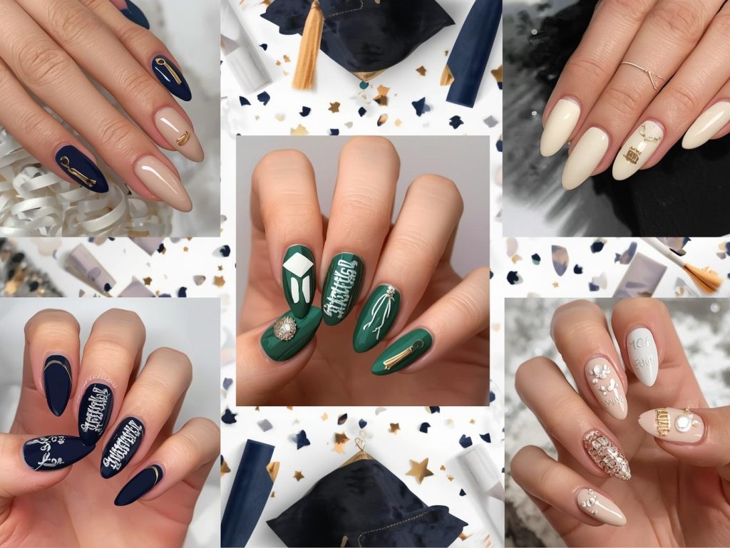 Top graduation nail designs featuring gold foil cap and gown accents, silver diploma scroll details, white tassel patterns, and pearl grad cap embellishments for Pinterest inspiration.