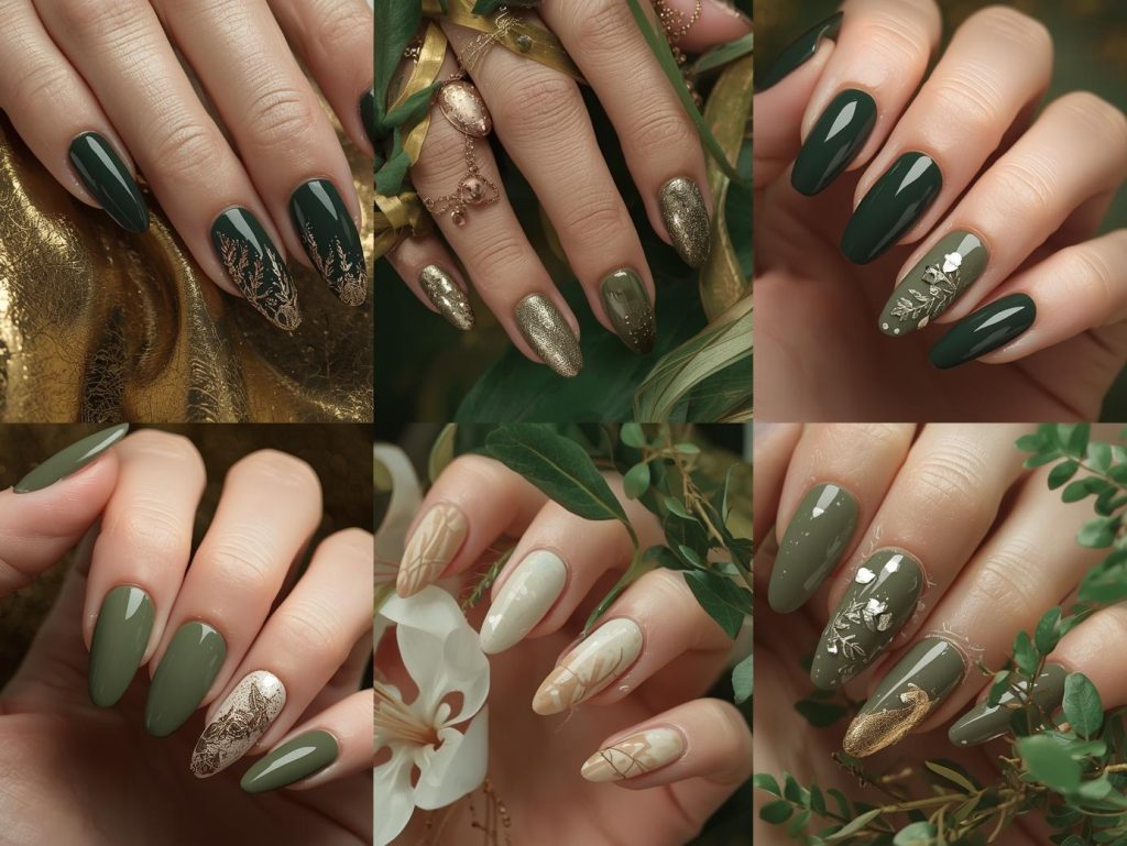 Olive Green Nail Designs: Earthy and Pinterest-Worthy Manicures to Adore 4 Top olive green nail designs featuring gold foil leaves, bronze glitter speckles, creamy beige vine patterns, and holographic fern details for Pinterest inspiration.