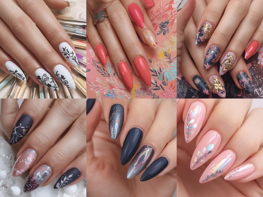 Top hand painted nail art designs featuring black floral designs, gold abstract patterns, silver galaxy swirls, and holographic leaf motifs for Pinterest inspiration.