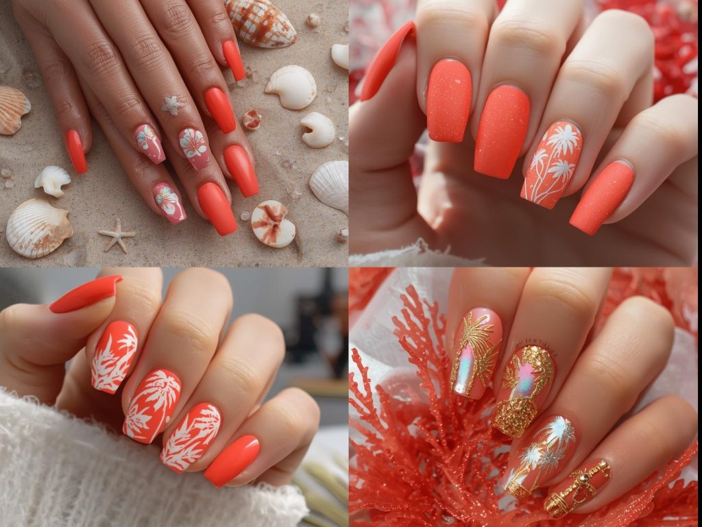 Coral Nail Designs: Vibrant and Pinterest-Worthy Manicures to Adore 4 Top coral nail designs featuring gold foil seashells, silver glitter ripples, white tropical palms, and holographic coral reefs for Pinterest inspiration.