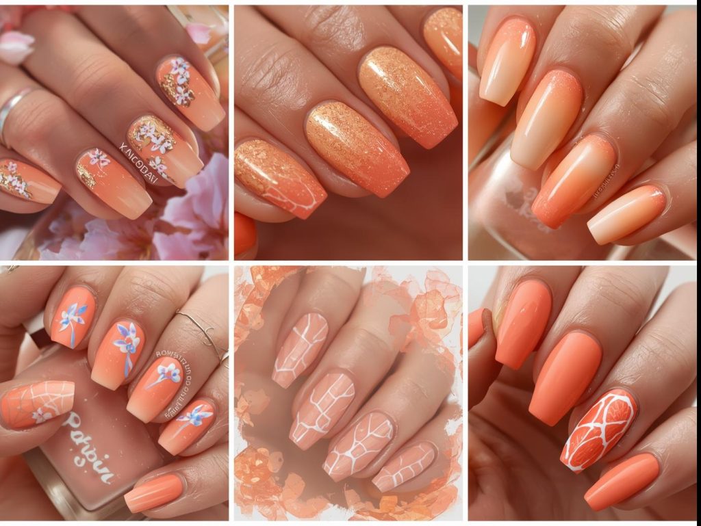 Top peach nail designs featuring gold foil peach blossoms, glittery coral sparkles, white geometric waves, and holographic citrus slices for Pinterest inspiration.