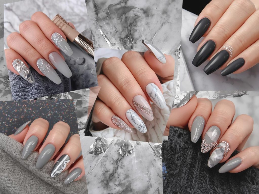 Top grey nail designs featuring silver foil abstracts, holographic glitter sparkles, white marble patterns, and rose gold geometric lines for Pinterest inspiration.
