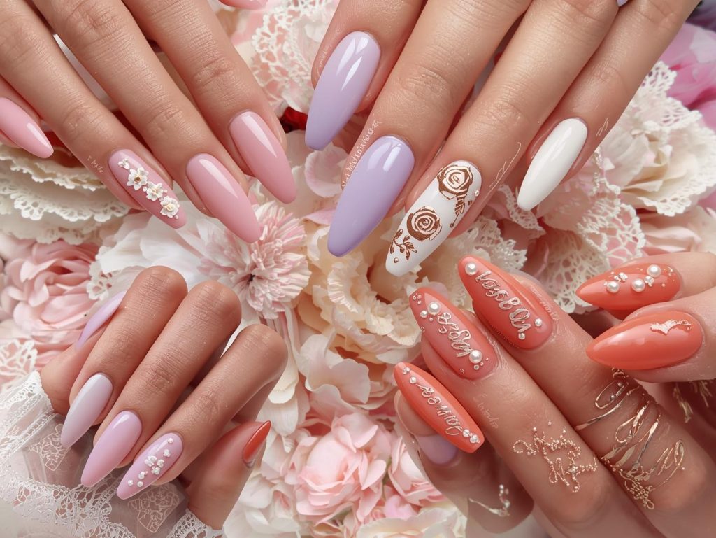 Mother's Day Nail Designs: Heartfelt and Pinterest-Worthy Manicures to Adore 4 Top Mother’s Day nail designs featuring white floral hearts, gold foil rose details, pearl heart embellishments, and silver script "Mom" patterns for Pinterest inspiration.