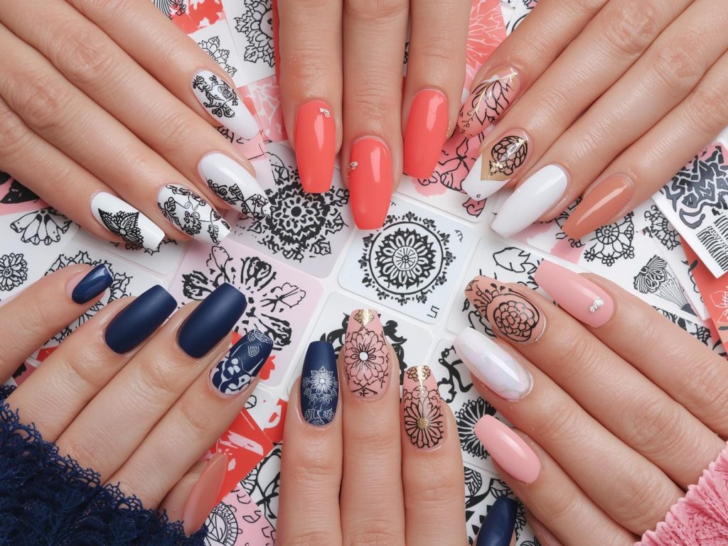  Top nail stamping designs featuring black lace stamps, gold floral stamps, silver geometric stamps, and holographic mandala stamps for Pinterest inspiration.