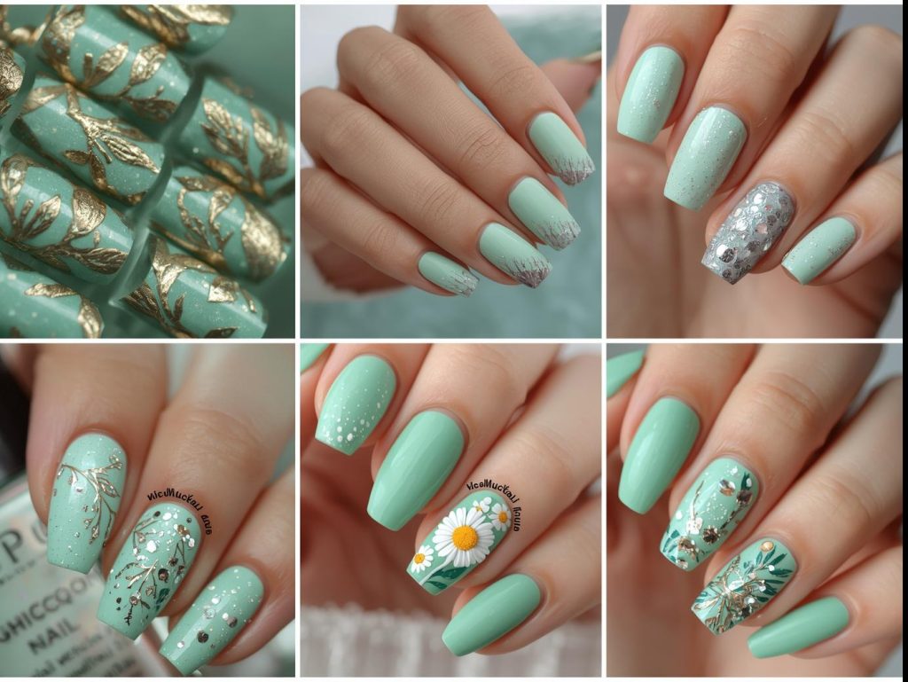 Top mint green nail designs featuring gold foil leaves, silver glitter waves, daisy accents, and holographic seashell details for Pinterest inspiration.