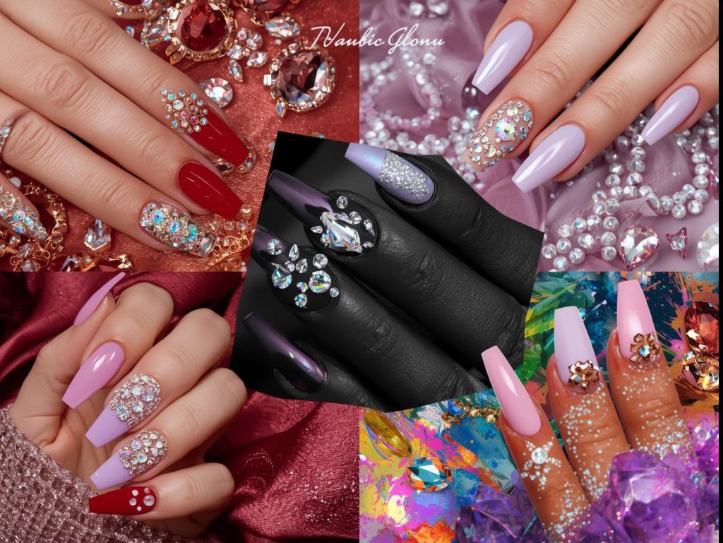 Top rhinestone nail art designs featuring clear rhinestones on red, opal rhinestones on lavender, silver clusters on black, and rose gold accents on pink for Pinterest inspiration.