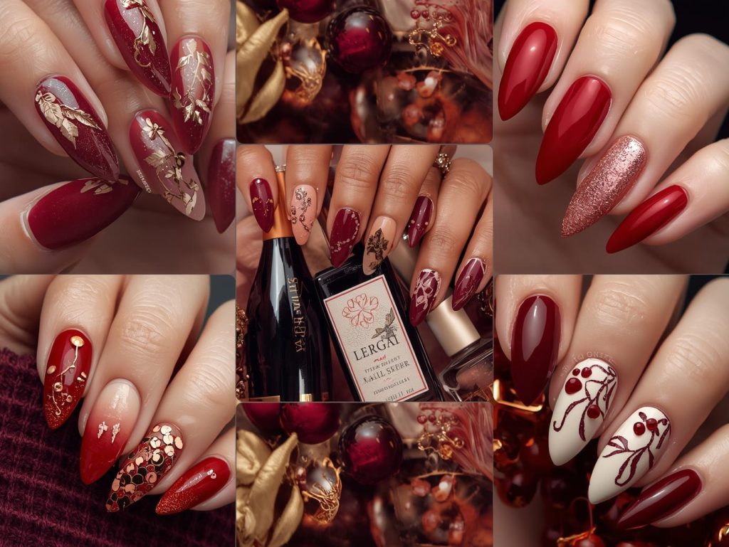 Top wine red nail designs featuring gold foil grapevines, rose gold glitter sparkles, creamy ivory swirls, and holographic berry details for Pinterest inspiration.
