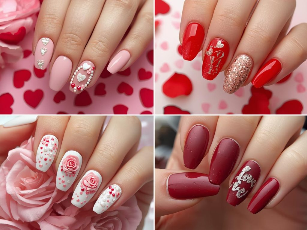 Top Valentine's Day nail designs featuring white heart accents, gold glitter love letter details, pearl rose patterns, and silver "Love" script embellishments for Pinterest inspiration.