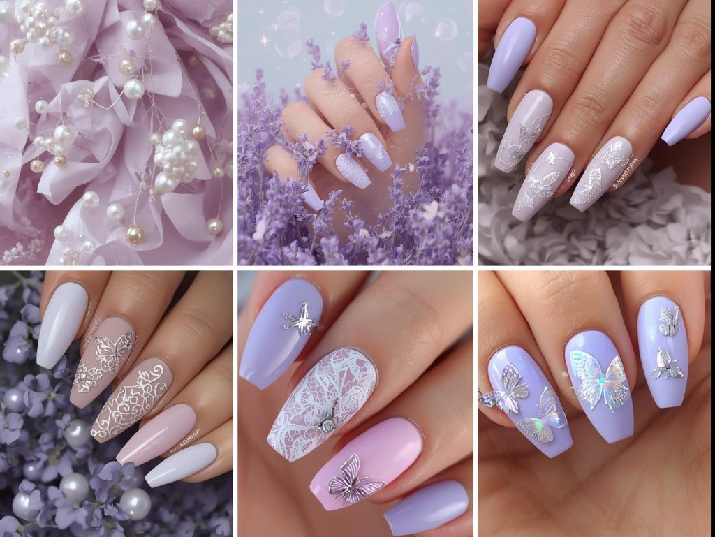 Lavender Nail Designs: Dreamy and Pinterest-Worthy Manicures to Adore 4 Top lavender nail designs featuring pearl swirls, silver glitter stars, floral lace patterns, and holographic butterfly accents for Pinterest inspiration.