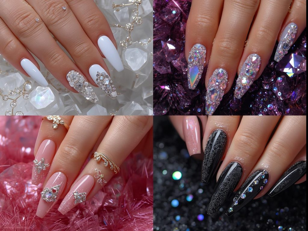 Top crystal nail designs featuring clear clusters, aurora borealis gems, rose quartz accents, and holographic crystals for Pinterest inspiration.
