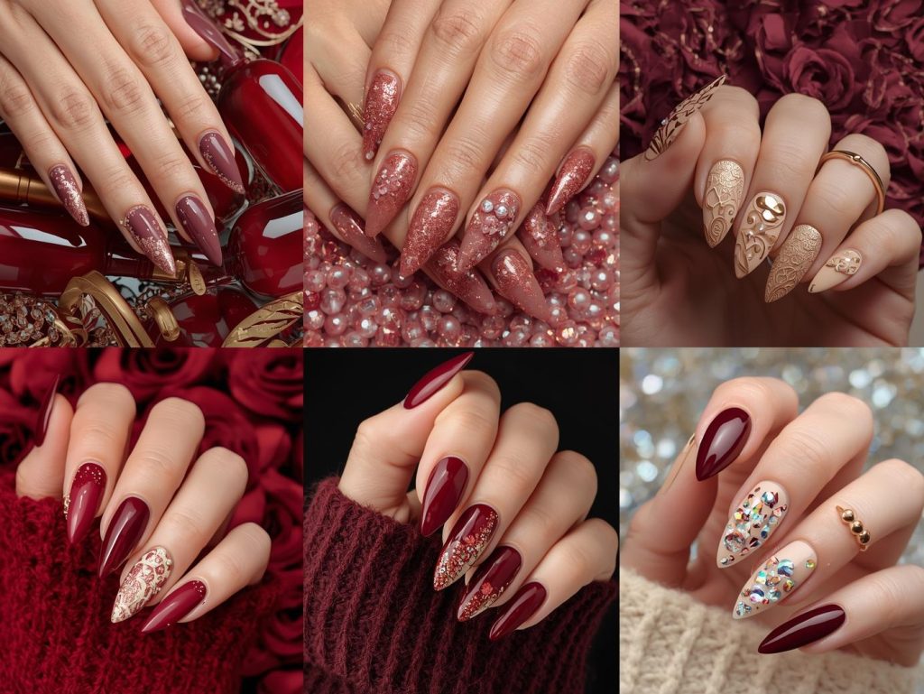 Top burgundy nail designs featuring gold foil florals, rose gold glitter sparkles, creamy beige lace patterns, and holographic gem details for Pinterest inspiration.