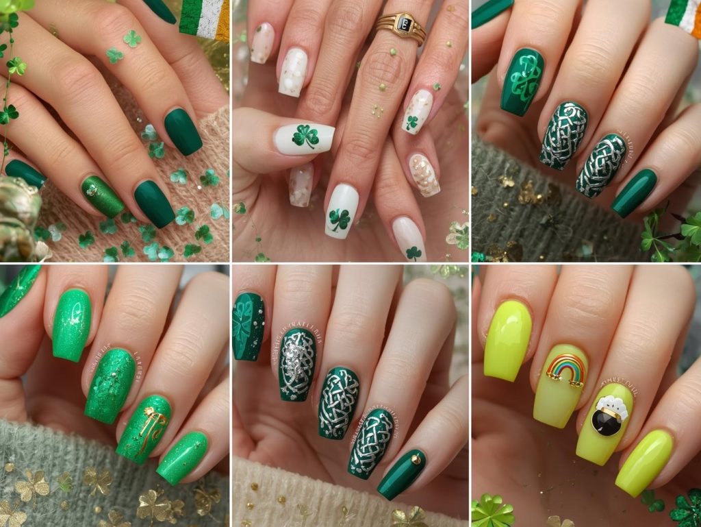 Top St. Patrick’s Day nail designs featuring gold shamrock accents, green glitter clover details, silver Celtic knot patterns, and rainbow pot of gold embellishments for Pinterest inspiration.