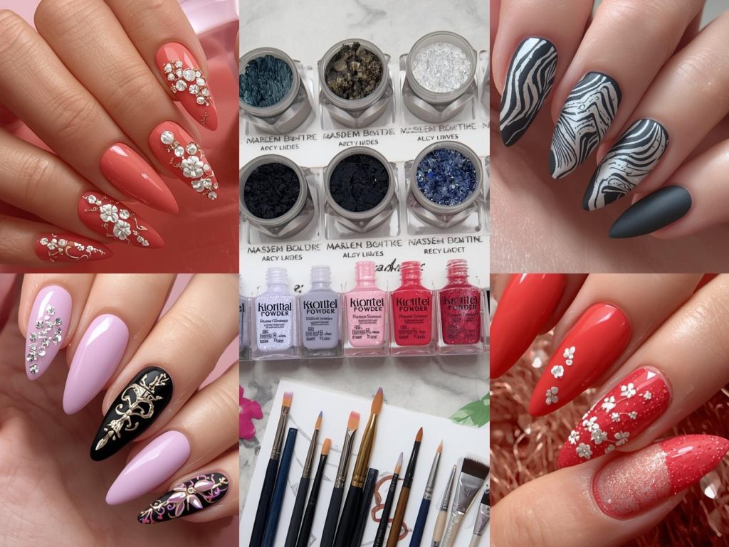 Top DIY acrylic nail designs featuring gold chrome accents, silver marble effects, holographic gem embellishments, and white floral decals for Pinterest inspiration.