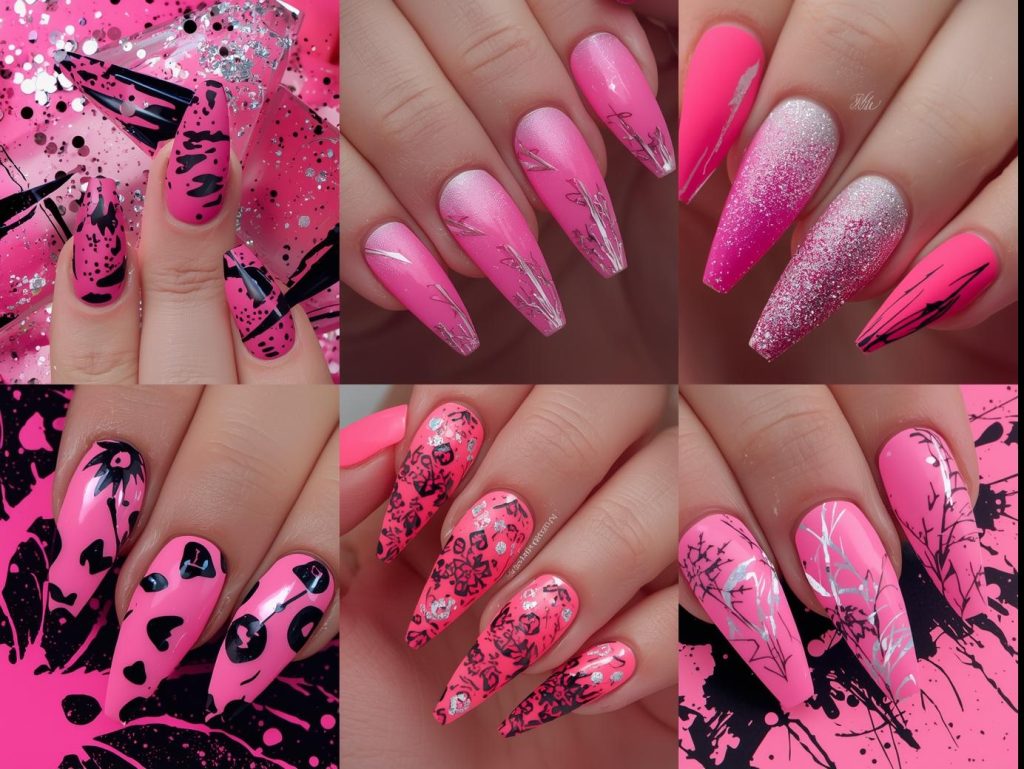 Hot Pink Nail Designs: Bold and Pinterest-Worthy Manicures to Obsess Over 4 Top hot pink nail designs featuring silver chrome lightning bolts, glittery heart bursts, black leopard print, and holographic floral swirls for Pinterest inspiration.