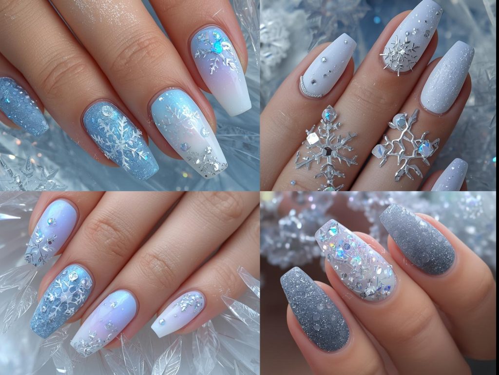 Top frosted nail designs featuring icy blue snowflakes, pearlescent white shimmer, lavender glitter tips, and silver holographic frost for Pinterest inspiration.