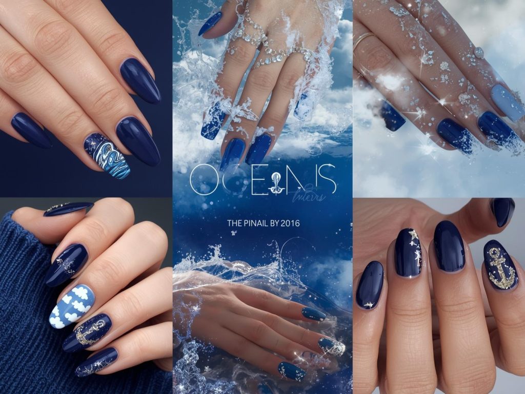  Top deep blue nail designs featuring silver foil waves, gold glitter star sparkles, white cloud patterns, and holographic anchor details for Pinterest inspiration.

