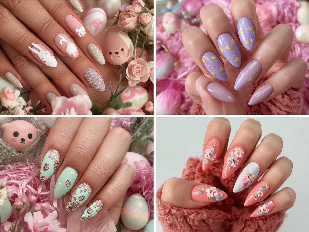 Easter Nail Designs: Playful and Pinterest-Worthy Manicures to Adore 4 Top Easter nail designs featuring white bunny accents, yellow chick details, gold glitter egg patterns, and pastel floral embellishments for Pinterest inspiration.