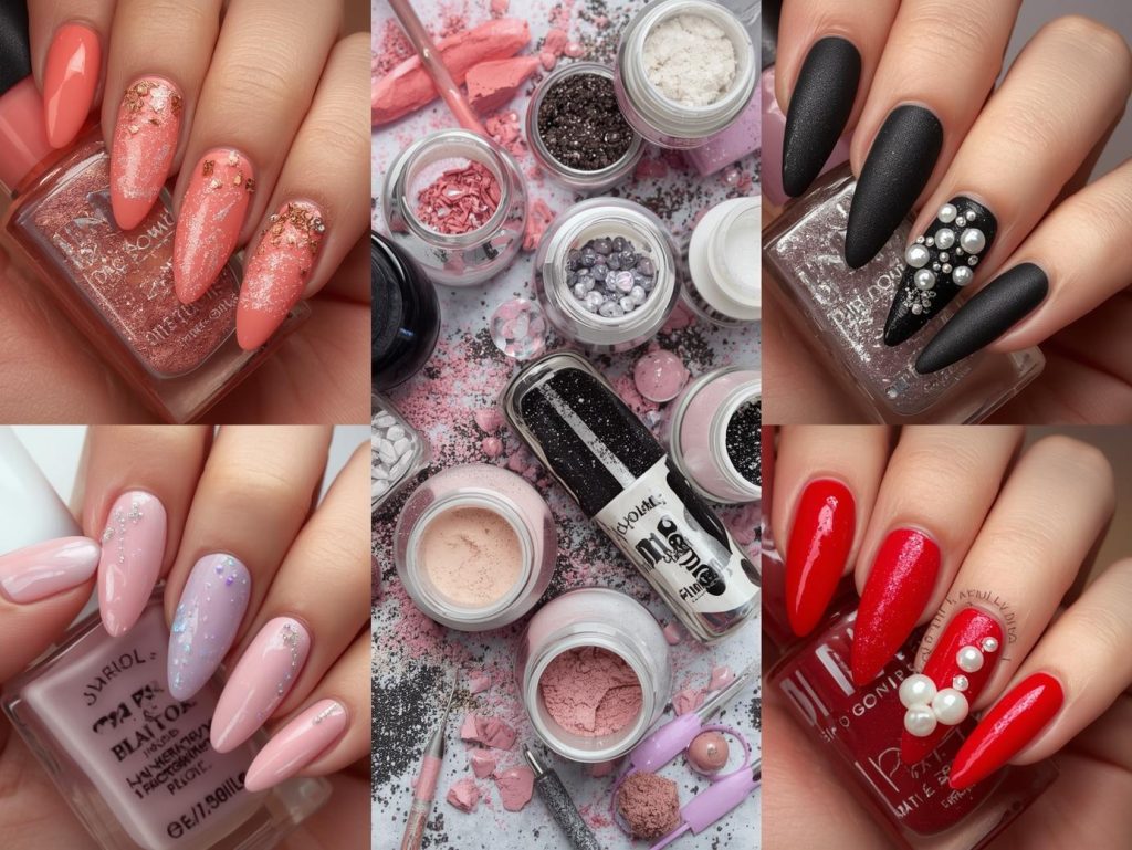 Top dip powder nail designs featuring gold glitter accents, silver chrome details, holographic shimmer, and white pearl embellishments for Pinterest inspiration.
