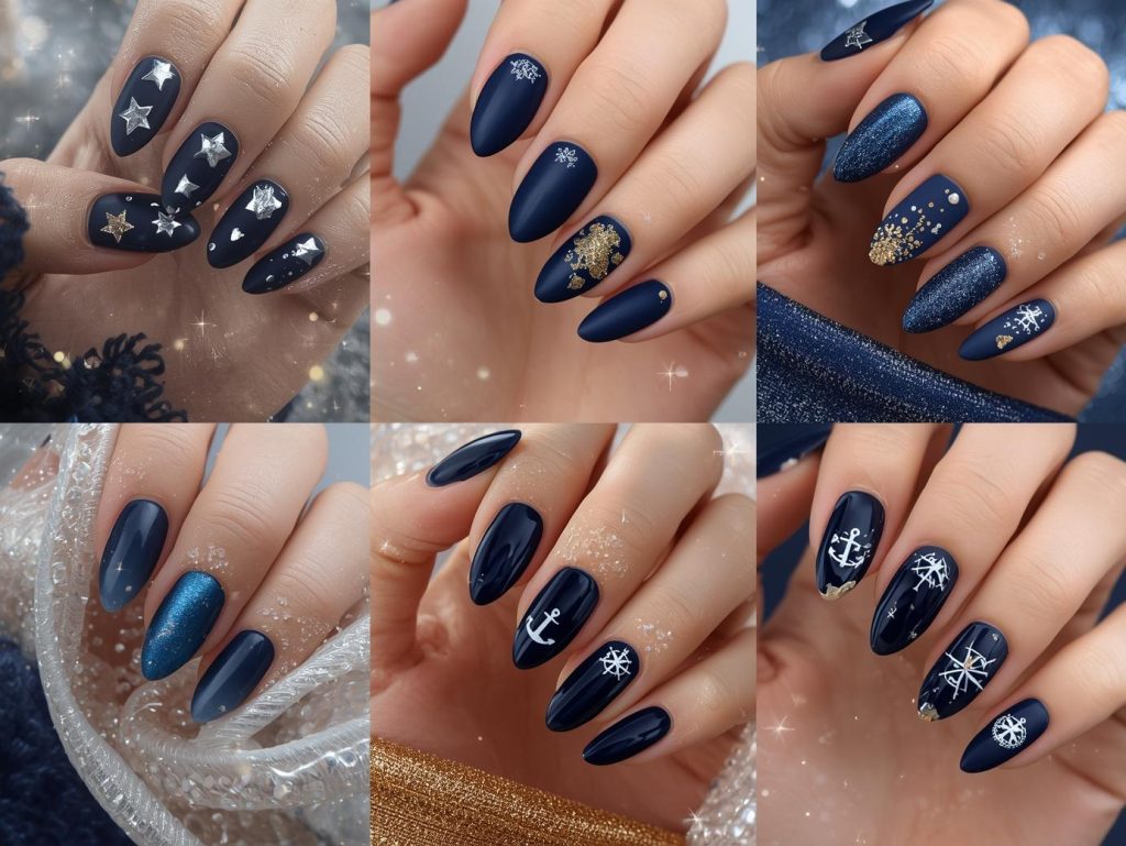 Navy Nail Designs: Bold and Pinterest-Worthy Manicures to Adore 4 Top navy nail designs featuring silver foil stars, gold glitter wave sparkles, white minimalist anchors, and holographic compass details for Pinterest inspiration.