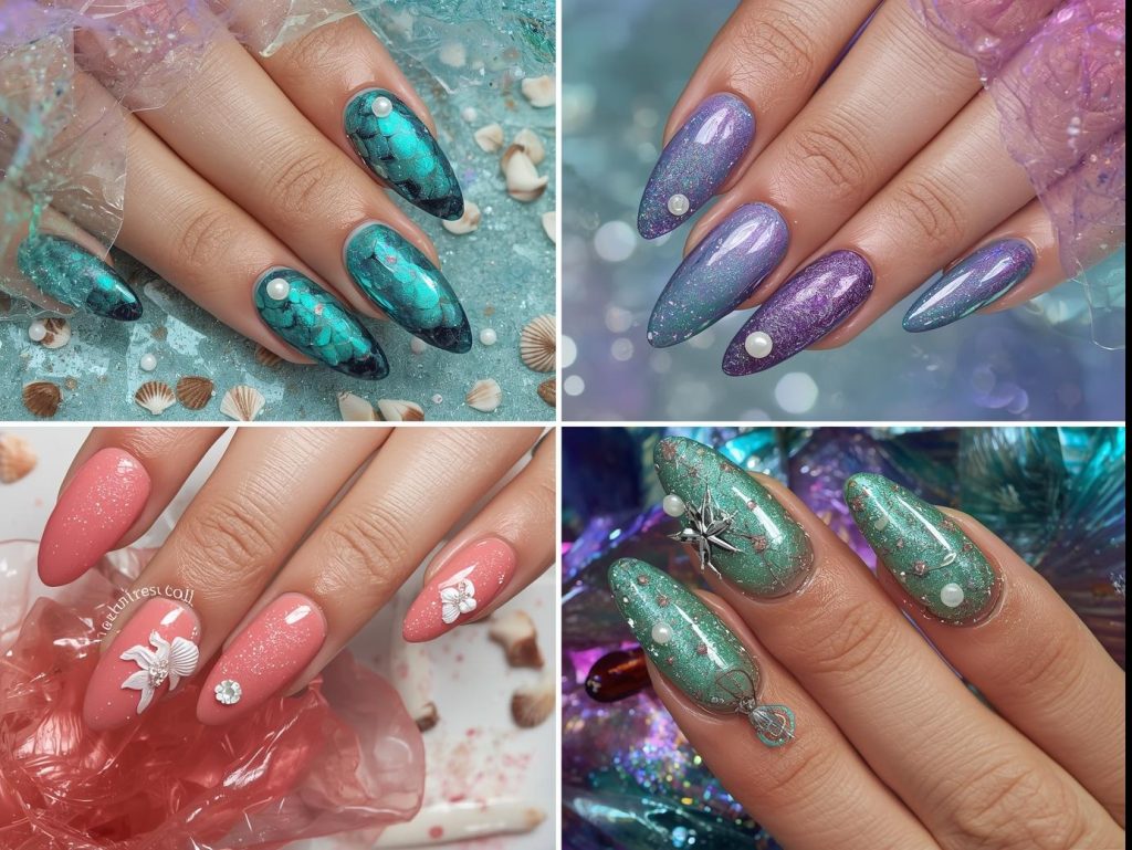 Mermaid Nail Designs: Enchanting and Pinterest-Worthy Manicures to Adore 4 Top mermaid nail designs featuring teal-aqua scales, purple-blue ombre, coral seashells, and holographic green starfish for Pinterest inspiration.