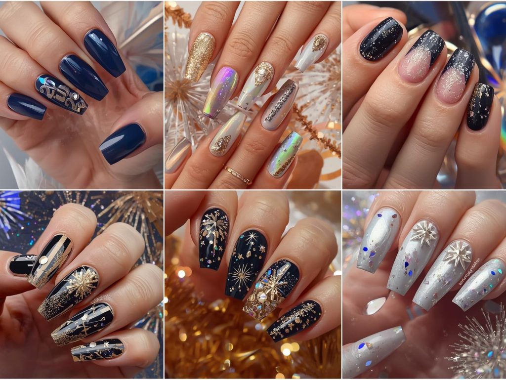 Top New Year 2026 nail designs featuring silver 2026 numeral accents, holographic starburst details, gold glitter firework patterns, and iridescent confetti embellishments for Pinterest inspiration.