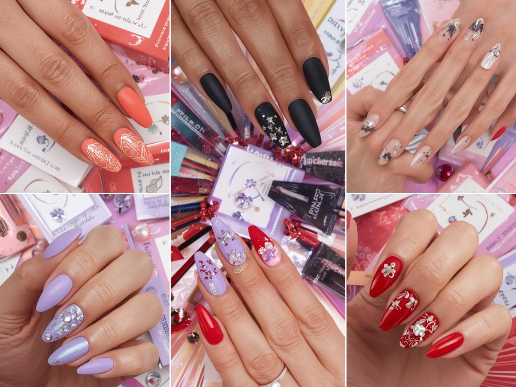 Top press on nail designs featuring gold foil accents, silver star decals, holographic floral patterns, and white pearl embellishments for Pinterest inspiration.