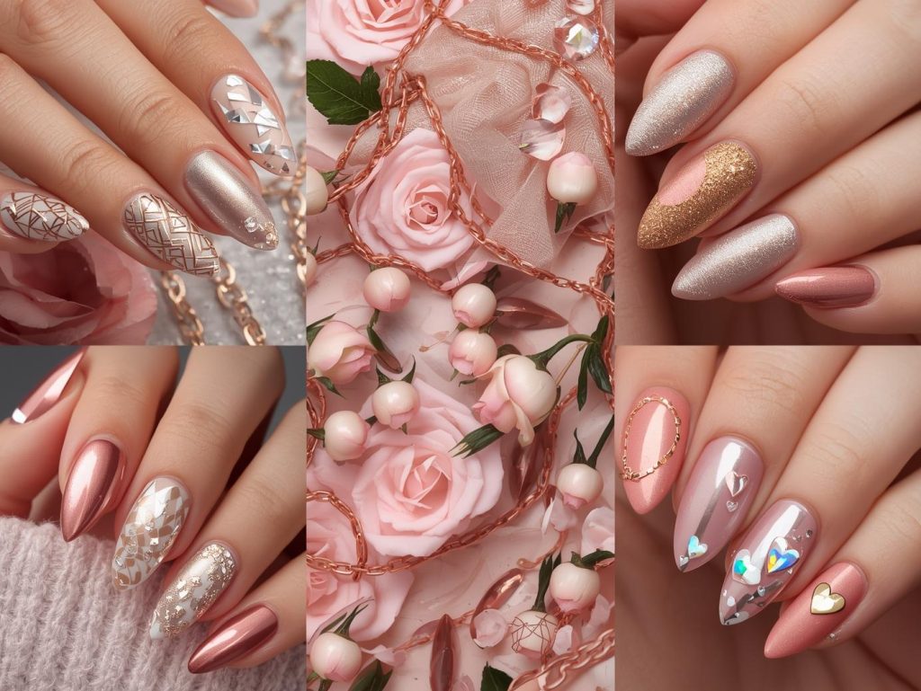 Top rose gold nail designs featuring silver foil geometrics, gold glitter sparkles, white marble patterns, and holographic heart details for Pinterest inspiration.