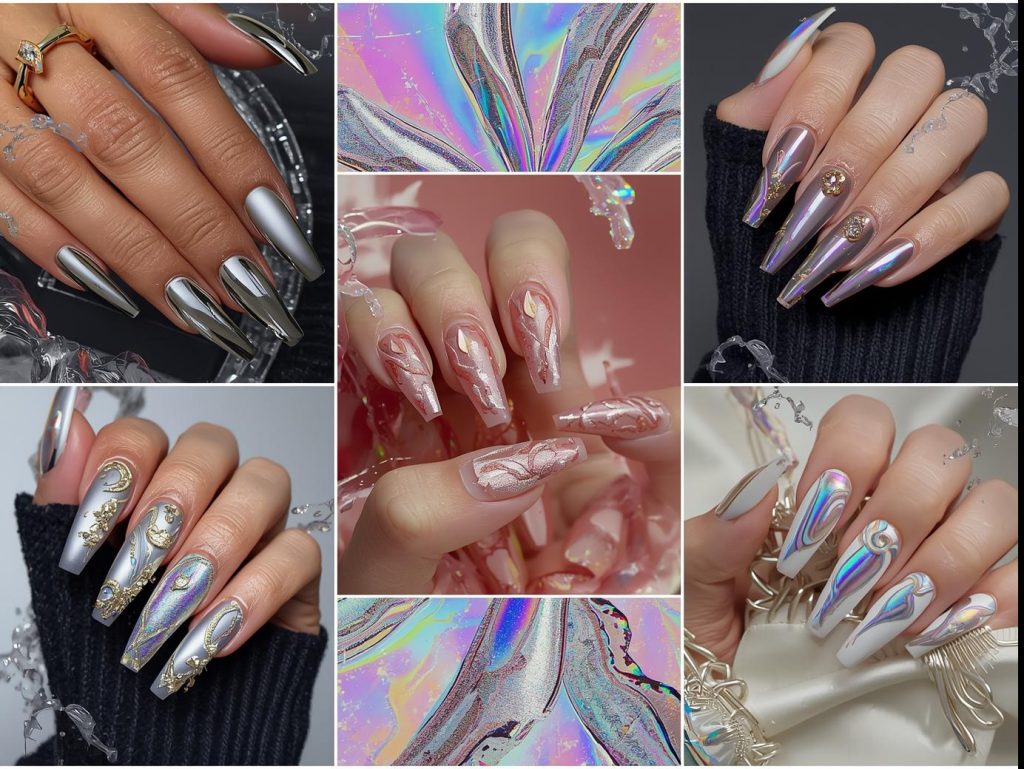  Top mirror nail designs featuring chrome silver, holographic rose gold tips, gold accents, and iridescent pearl swirls for Pinterest inspiration