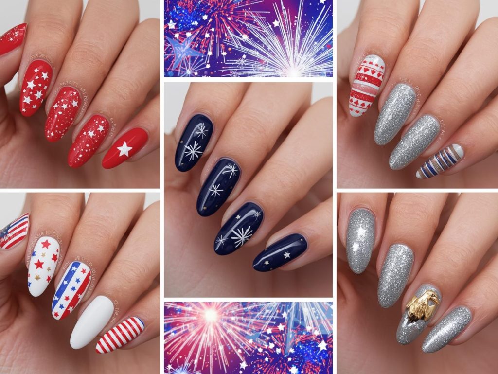 Top 4th of July nail designs featuring white star accents, silver firework details, red and blue stripe patterns, and gold eagle embellishments for Pinterest inspiration.