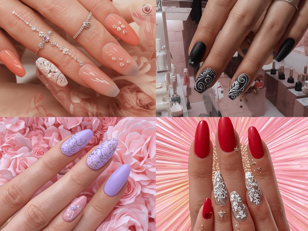 Nail Salon Inspiration: Stunning and Pinterest-Worthy Manicures to Adore 4 Top nail salon designs featuring gold foil and gemstone accents, silver chrome swirls, holographic floral decals, and white lace stamping for Pinterest inspiration.