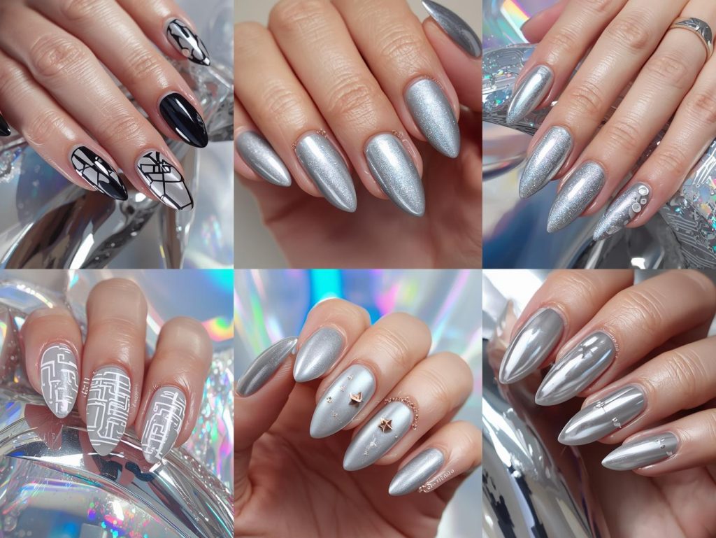 Metallic Silver Nail Designs: Sleek and Pinterest-Worthy Manicures to Adore 4 Top metallic silver nail designs featuring black geometric foil, holographic glitter sparkles, white minimalist circuit patterns, and rose gold star details for Pinterest inspiration.