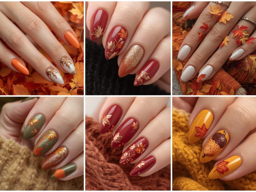 Fall Leaves Nail Art: Cozy and Pinterest-Worthy Manicures to Adore 4 Top fall leaves nail designs featuring gold foil leaf accents, bronze maple leaf details, copper acorn patterns, and red and orange leaf embellishments for Pinterest inspiration.