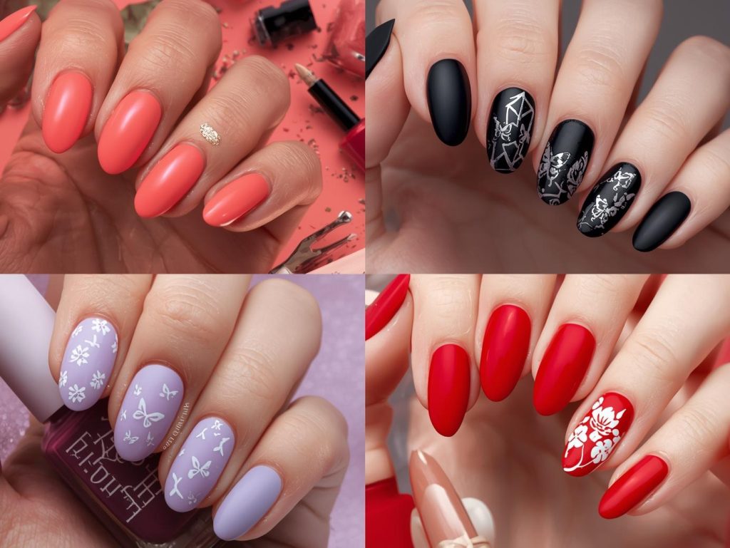 Top manicure designs featuring gold foil accents, silver geometric patterns, holographic butterfly decals, and white floral stamping for Pinterest inspiration.