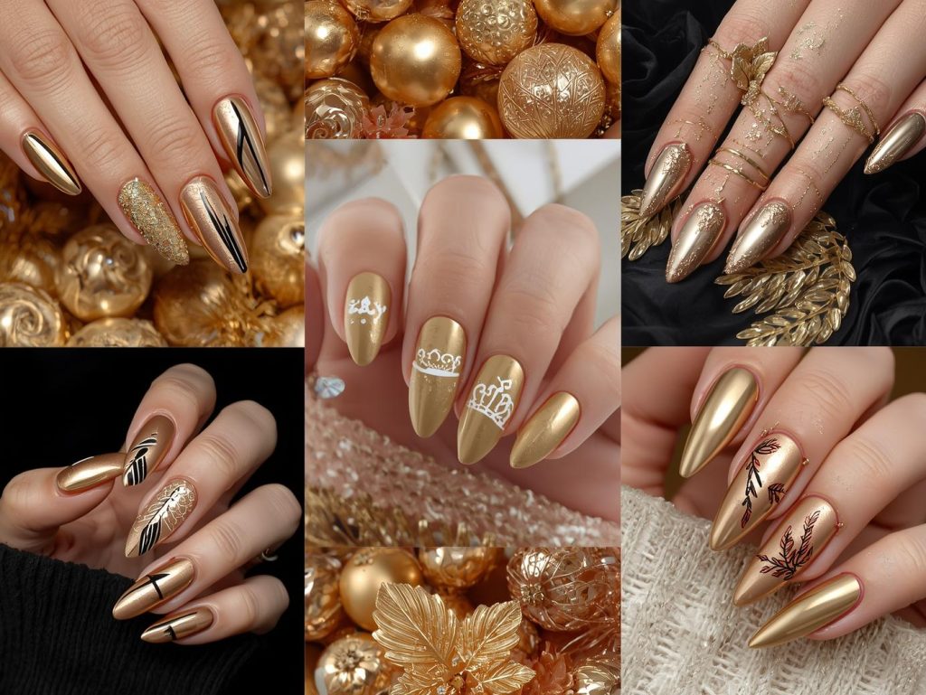 Metallic Gold Nail Designs: Opulent and Pinterest-Worthy Manicures to Adore 4 Top metallic gold nail designs featuring black foil geometrics, holographic glitter sparkles, white minimalist crown patterns, and rose gold leaf details for Pinterest inspiration.