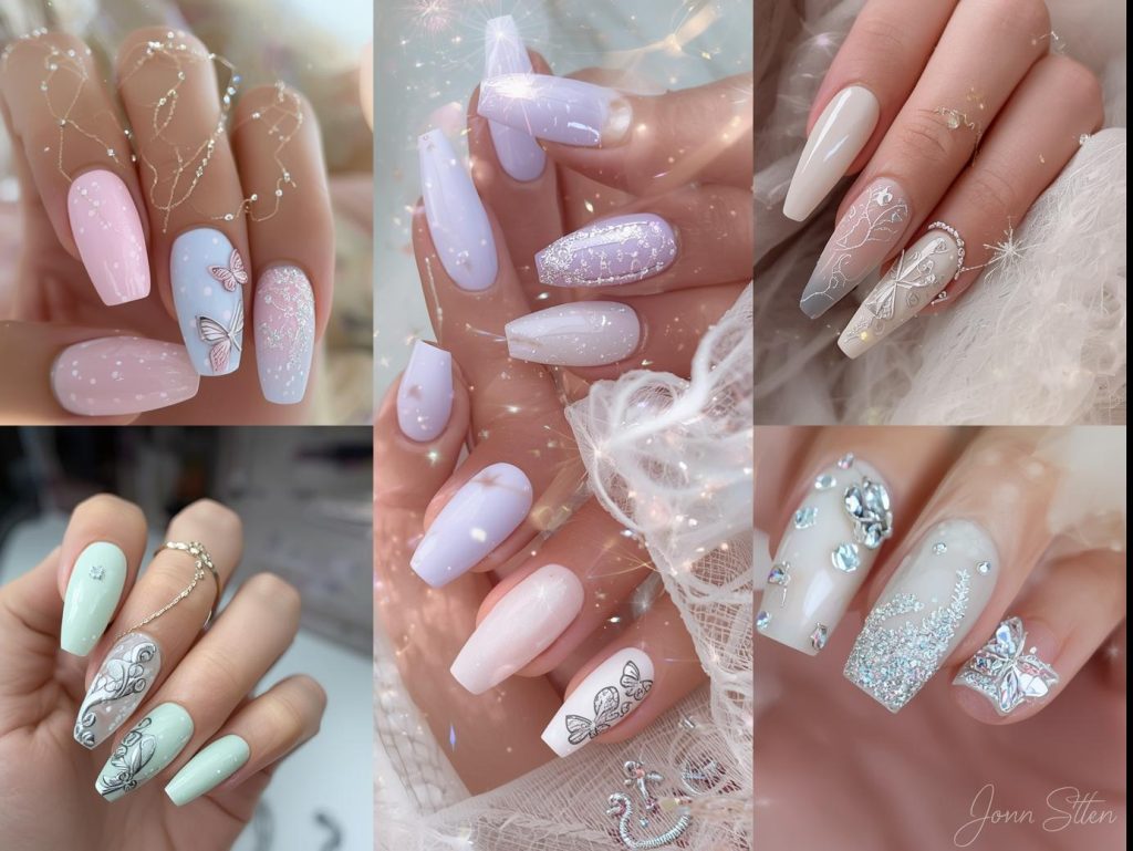 Top fairy nail designs featuring pastel pink fairy dust, lavender butterfly wings, mint green sparkle swirls, and pearlescent white fairy charms for Pinterest inspiration.