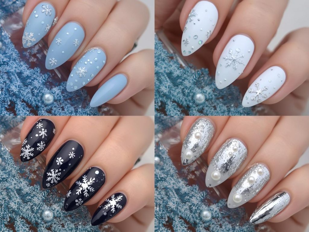 Snowflake Nail Designs: Wintry and Pinterest-Worthy Manicures to Adore 4 Top snowflake nail designs featuring silver snowflake accents, holographic snowflake details, white glitter snowflake patterns, and pearl snowflake embellishments for Pinterest inspiration.