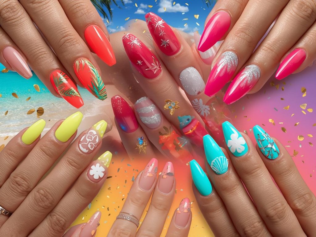 Top bright summer nail designs featuring gold foil palm leaves, silver glitter sparkles, white tropical flowers, and holographic seashell details for Pinterest inspiration.