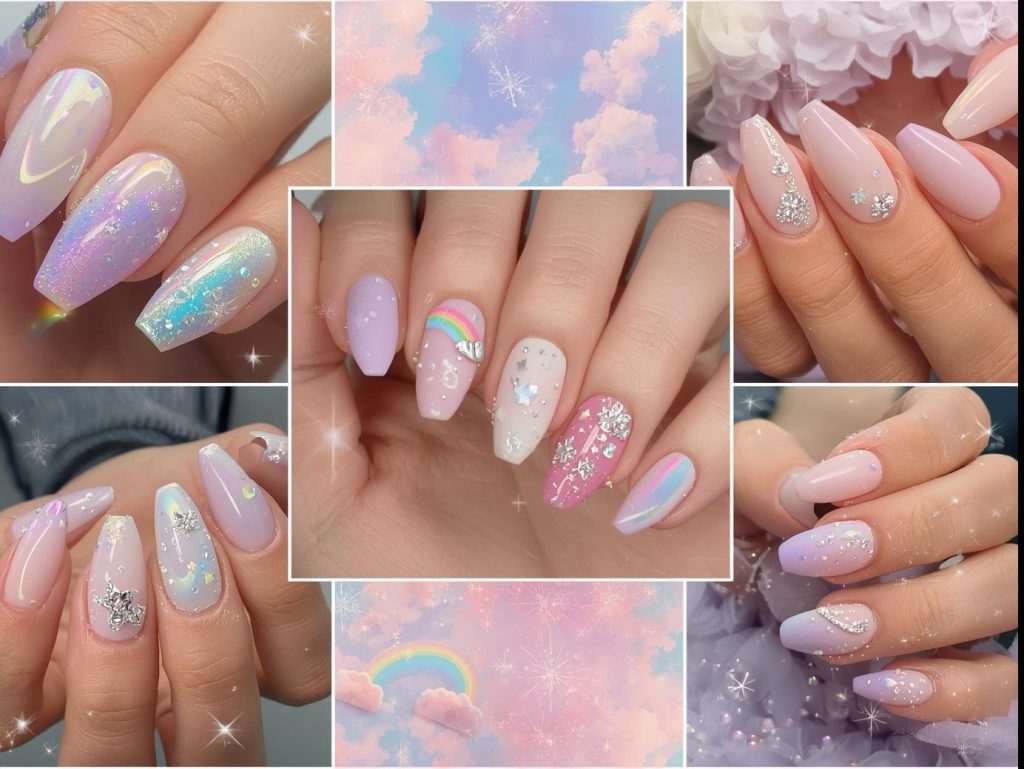 Top unicorn nail designs featuring pastel rainbow ombre, pearl unicorn horns, pink star bursts, and lavender crystal embellishments for Pinterest inspiration.